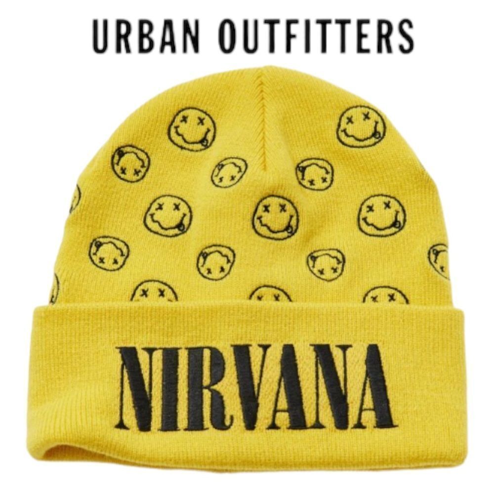 NEW Nirvana UO Urban Outfitters Yellow Band Embroidered Hat Beanie